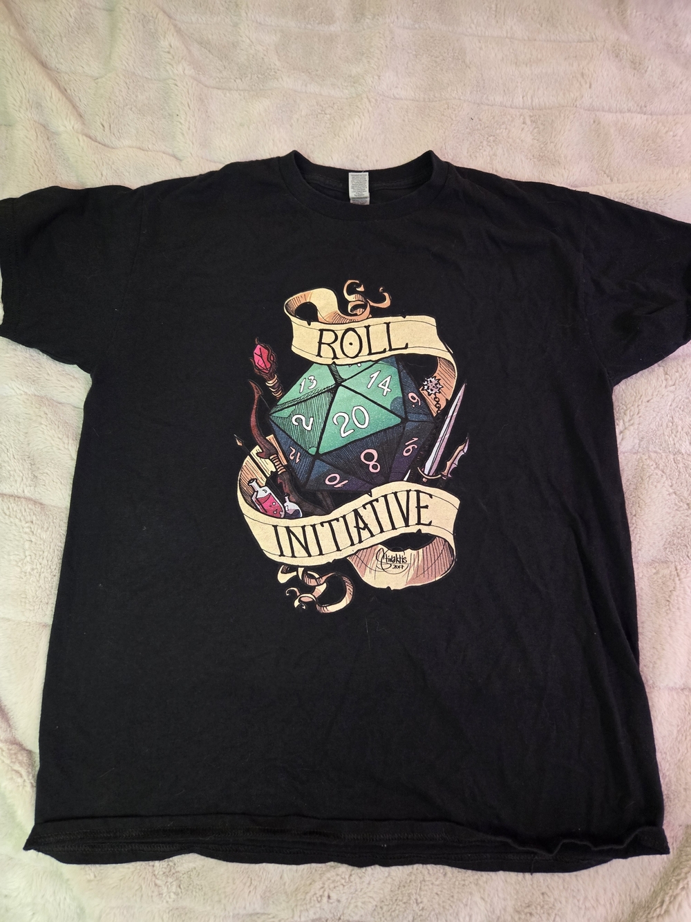 Black Graphic 'Roll Initiative' Tee with Teal Dice
